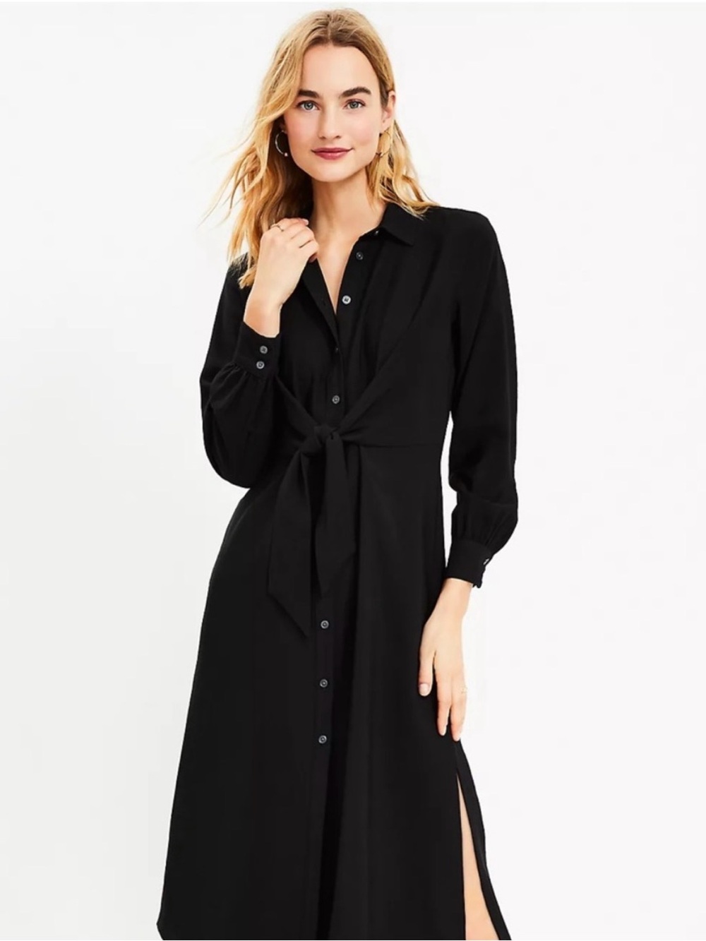 LOFT Classic Black Tie-Waist Shirt Dress